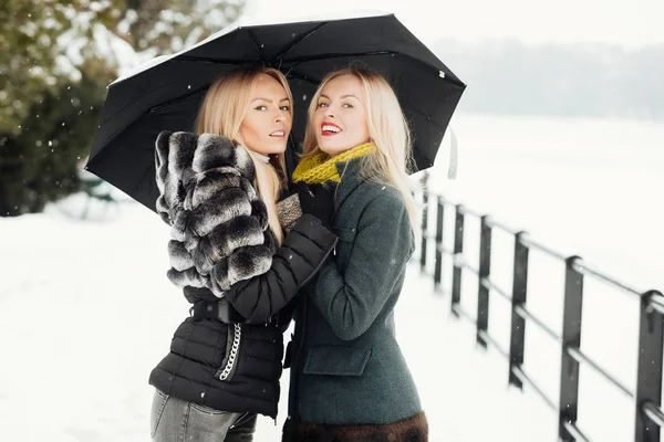 Mujeres felices sonriendo bajo el paraguas en el día de invierno —  Fotos de Stock
