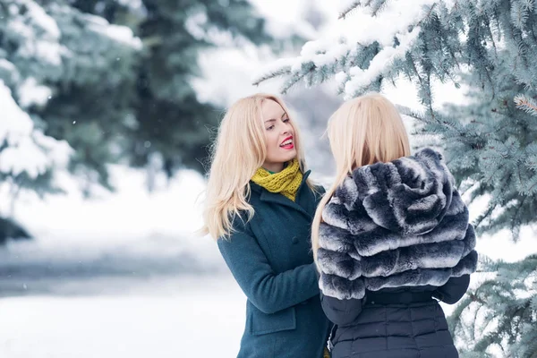 Chicas felices caminando en el bosque en el día de invierno —  Fotos de Stock