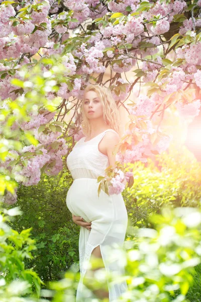 Schwangere berührt Bauch an sonnigem Frühlingstag im Garten — Stockfoto