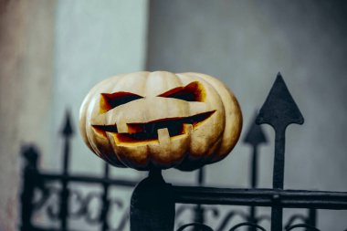 Halloween jack o fener metal çit üzerinde