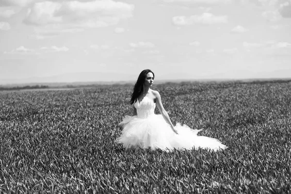 Bonita chica de la boda en hierba verde y el cielo — Foto de Stock