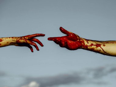 Cadılar Bayramı eller gri gökyüzü arka plan üzerinde kırmızı kan ile