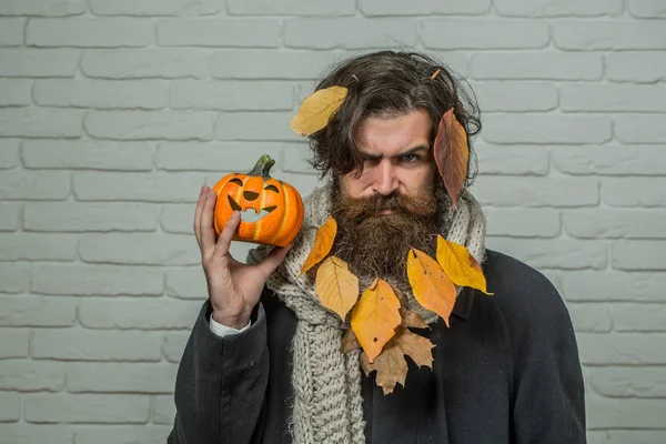 Hipster de Halloween con hojas amarillas en pelo de barba — Foto de Stock