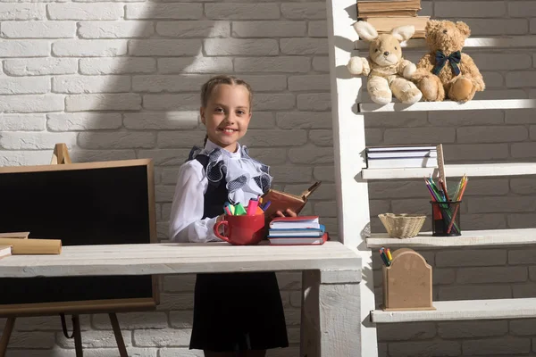 Renkli kırtasiye ve kitap kız masa başında oturur