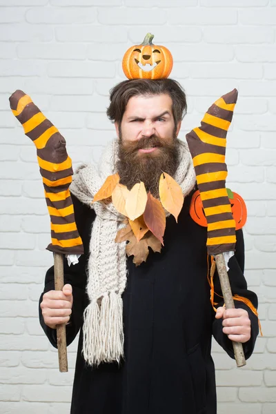 Cadılar Bayramı hipster kabaklar ve sakal saç sarı yapraklar