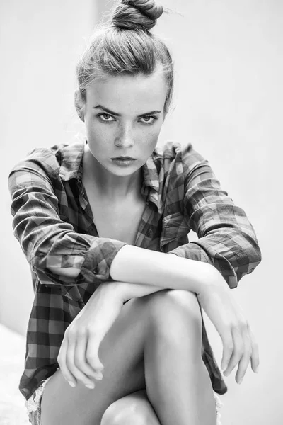 Sexy girl in checkered shirt — Stock Photo, Image