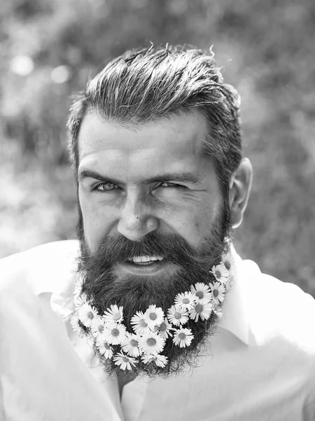 Bell'uomo con fiori in barba — Foto Stock