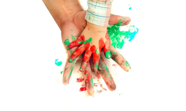 Ręce malowane w kolorowe farby na białym tle — Zdjęcie stockowe