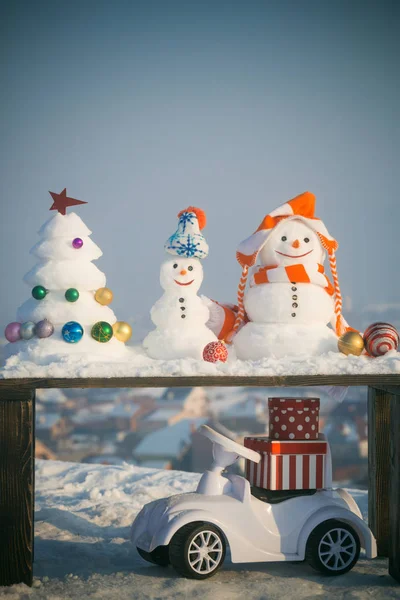 Kar üzerinde gri gökyüzü üzerinde ahşap masa Heykel Sergisi
