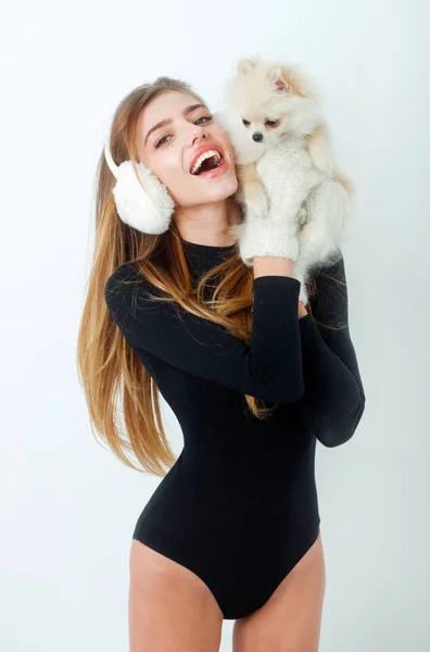 New year of dog, christmas woman with pomeranian spitz pet — Stock Photo, Image