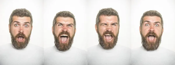 Man met lange baard op boos, verbaasd en blij gezicht. — Stockfoto