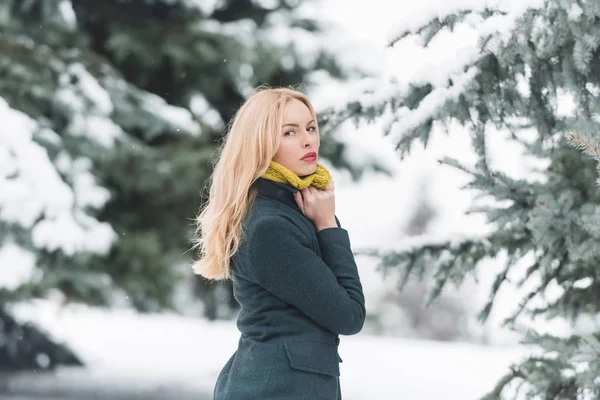 Женщина с длинными светлыми волосами зимой — стоковое фото