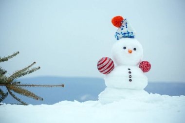 Kardan adam ve köknar ağacı karlı zemin üzerine