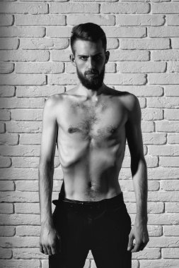 tuğla zemin üzerine ince çıplak gövde ile ince sakallı adam