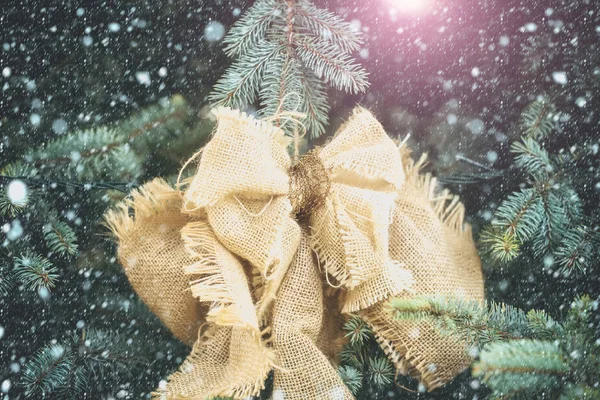 新的一年或天然绿色枞树上的圣诞蝴蝶结 — 图库照片