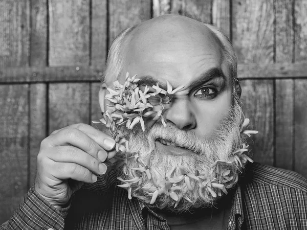 Hombre viejo con flores en barba — Foto de Stock