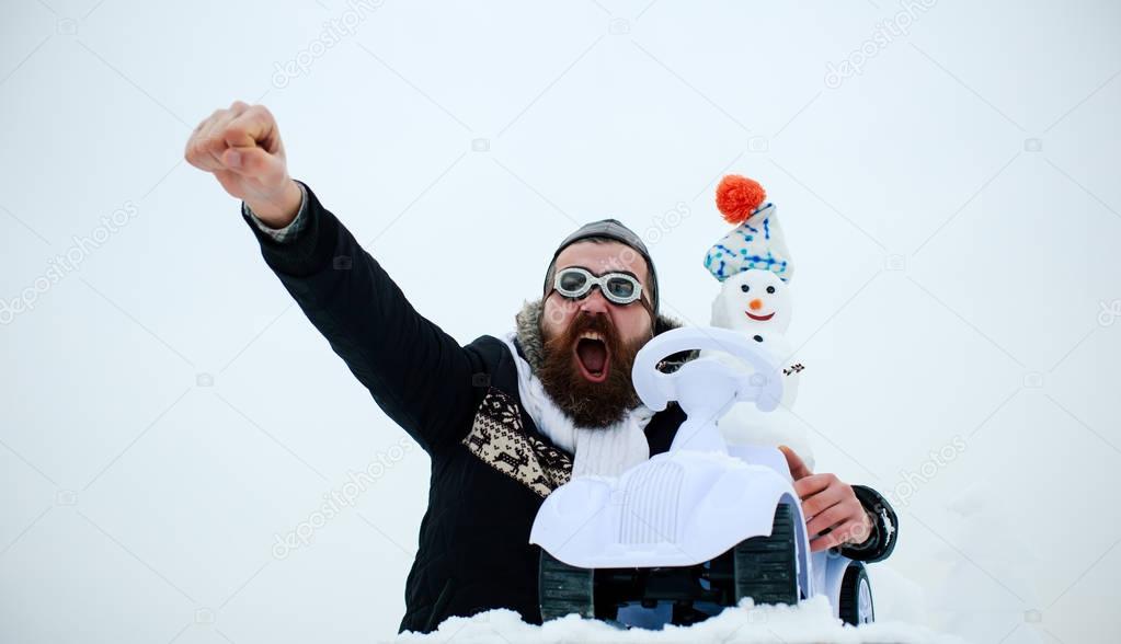 Hipster in pilot hat and glasses on white sky