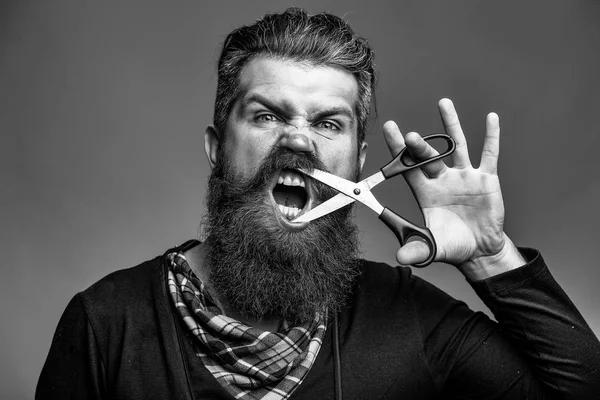 Vousatý muž s kadeřníka nůžky — Stock fotografie