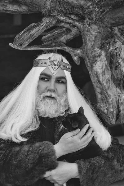 Old druid with cat — Stock Photo, Image