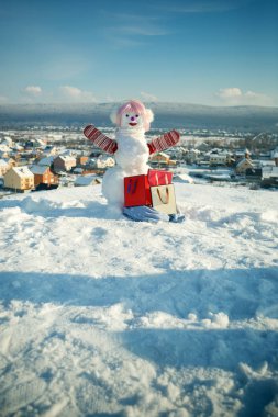 Yeni yıl alışveriş çantası ile beyaz kar kardan adam.