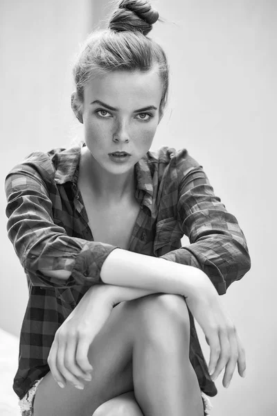 Sexy girl in checkered shirt — Stock Photo, Image