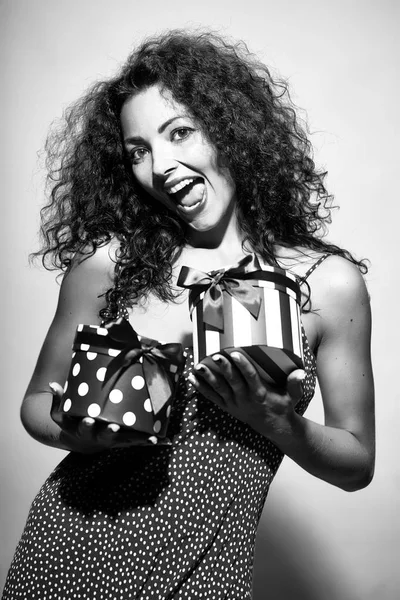 Happy cute woman with present — Stock Photo, Image