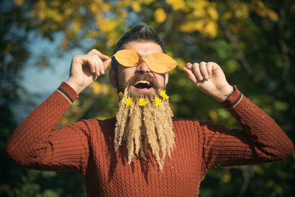 Season and autumn leaves with flower.