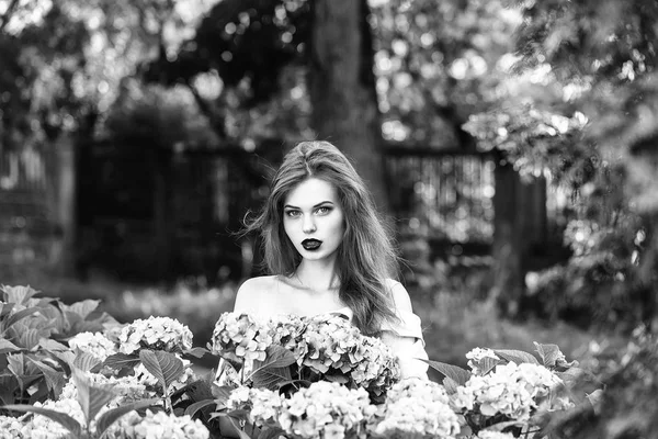 Bonita chica en hortensias flores — Foto de Stock