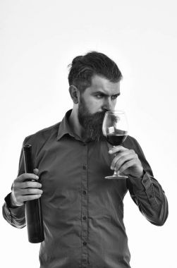 sakallı adam hipster şarap şişesi, kahverengi gömlekli cam ile