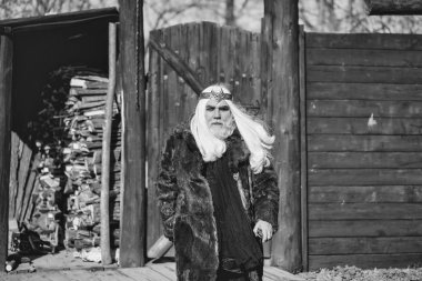 ahşap arka planda altın taç sakallı adam