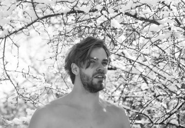 mutlu kaslı adam kış orman