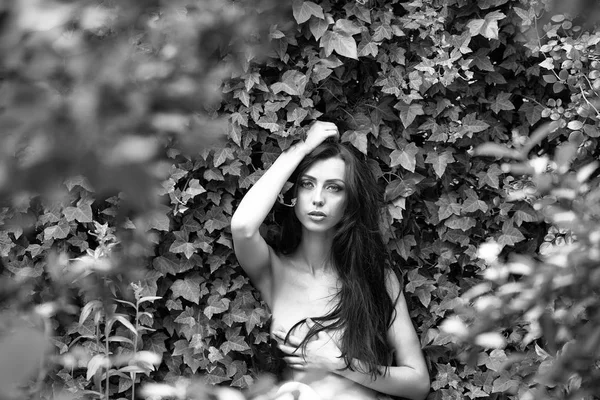 バラの茂みの近くの赤い帽子でセクシーな女性 — ストック写真