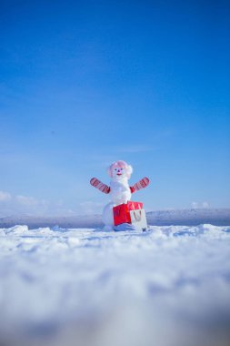 Yeni yıl alışveriş çantası ile beyaz kar kardan adam.