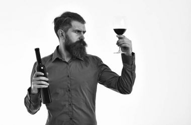 sakallı adam hipster şarap şişesi, kahverengi gömlekli cam ile
