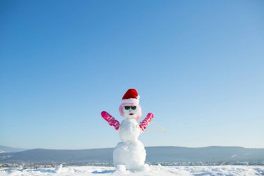 Kardan adam pembe peruk, eldiven, şapka ve gözlük.