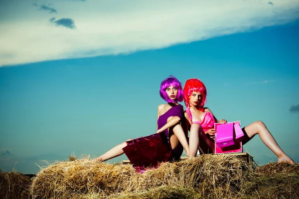 Девушки в разноцветных париках с сумкой на сене — стоковое фото