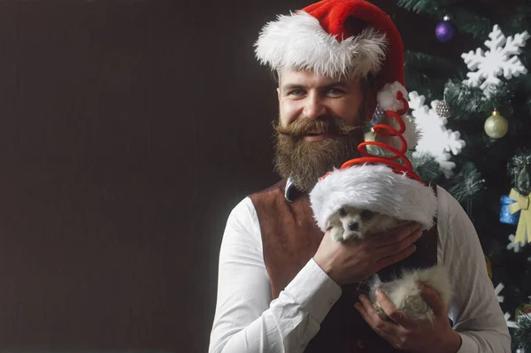 Santa claus man met huisdier op boom. — Stockfoto