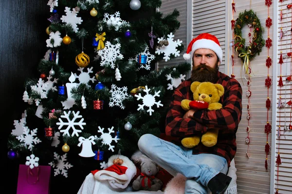 Ano Novo cara de chapéu sentar na árvore de Natal . — Fotografia de Stock