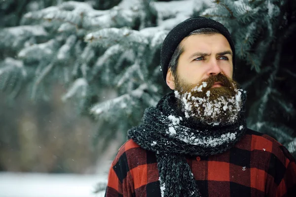 Hombre con barba en el bosque de invierno con nieve . — Foto de Stock