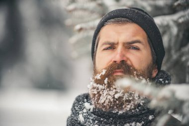 Yeni yıl adam karlı soğuk ormandaki