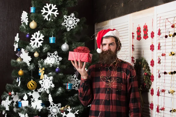 Papai Noel homem com caixa de presente na árvore de Natal . — Fotografia de Stock