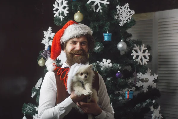 Neues Jahr des Hundes, Weihnachten Mann halten Haustier — Stockfoto