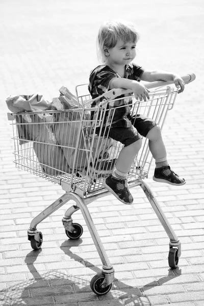 Carino ragazzo nel carrello della spesa — Foto Stock