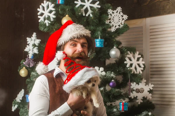 Santa claus man with pet at tree. — Stock Photo, Image