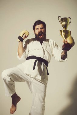 mutlu karate erkek kimono, boks eldivenleri, şampiyon Kupası sakallı