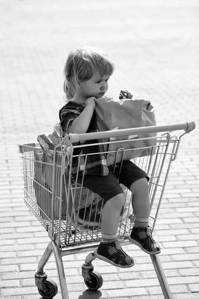 Carino ragazzo nel carrello della spesa — Foto Stock