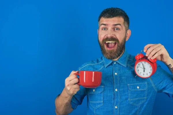 Hombre beber café de la mañana o té con despertador, espacio para copiar —  Fotos de Stock