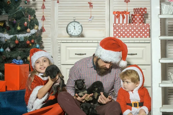 Christmas happy children and father with puppy.