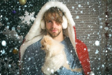 Noel Baba adam ile evde beslenen hayvan, ağaç.