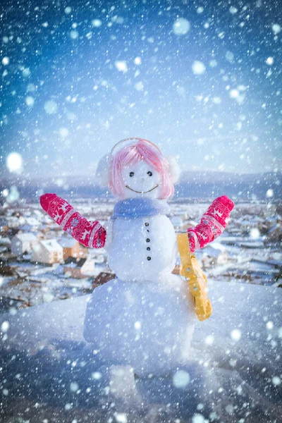 Nieuwjaar sneeuwpop van witte sneeuw met tas. — Stockfoto